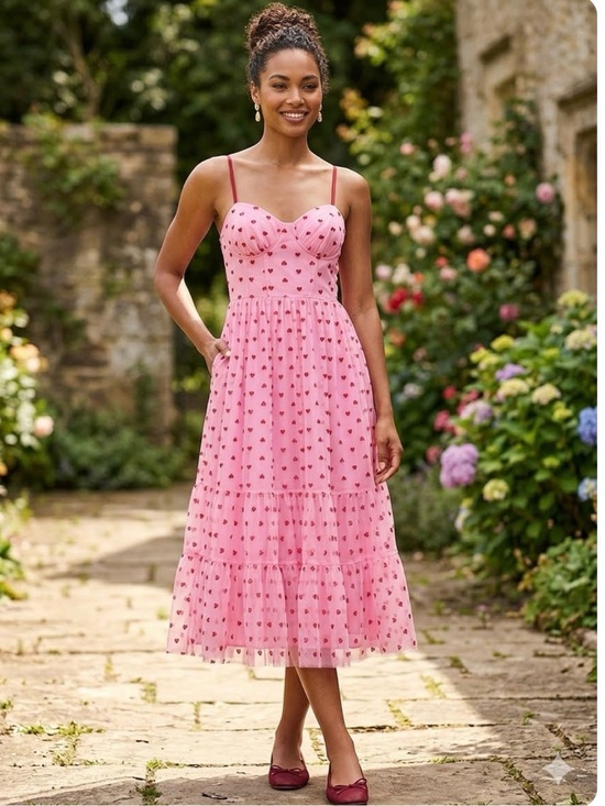 Betsey Johnson Dresses & Skirts - Betsey Johnson Pink Heart-Print Tiered Midi Dress